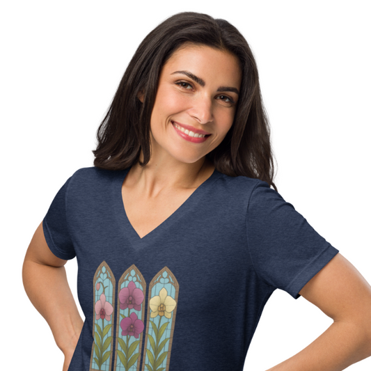 Stained Glass Orchid V Neck T-Shirt – Three Panel Floral Design, Botanical Gothic Style